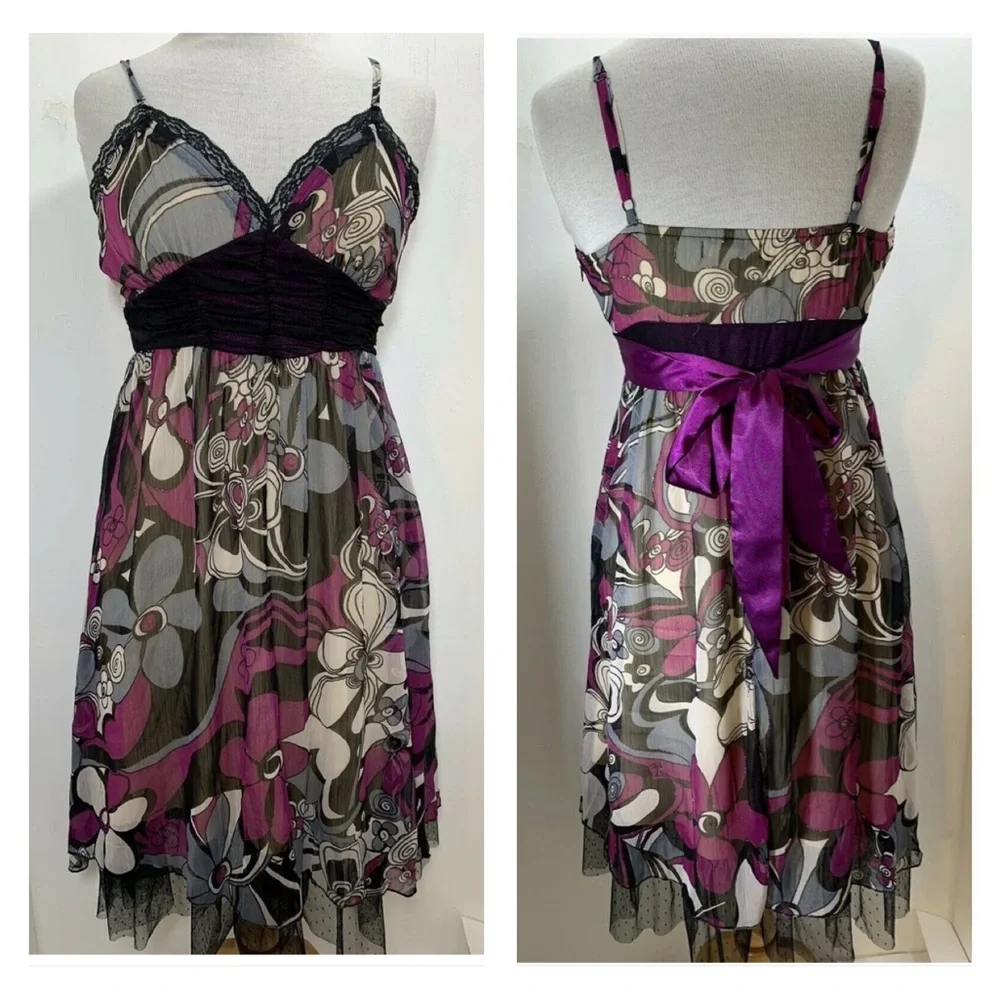 Lucy Collection Floral Midi Dress Purple Straps Black Mix Floaty V-Neck UK12 - Picture 2 of 14